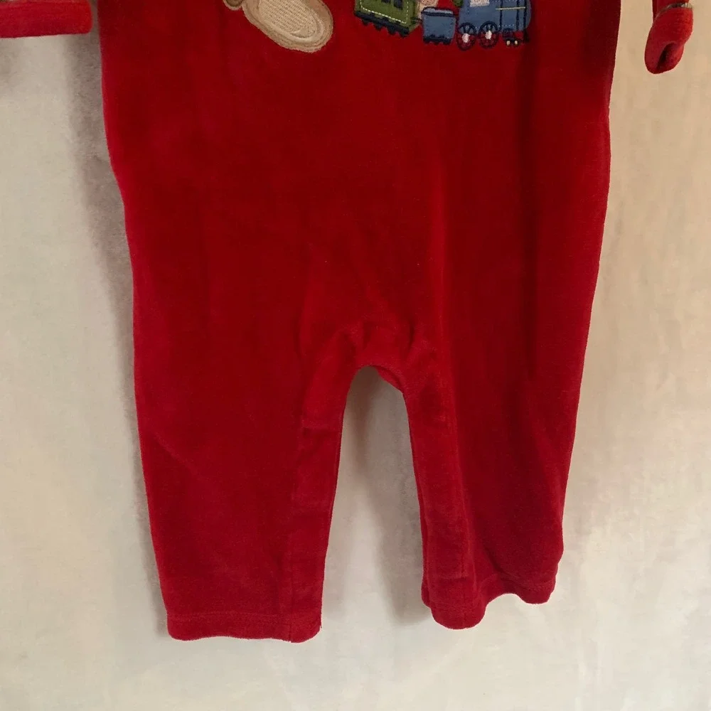 Little Me Baby Red Velour Christmas Teddy Bear Train Romper 9M Holiday Jumpsuit - Picture 4 of 7
